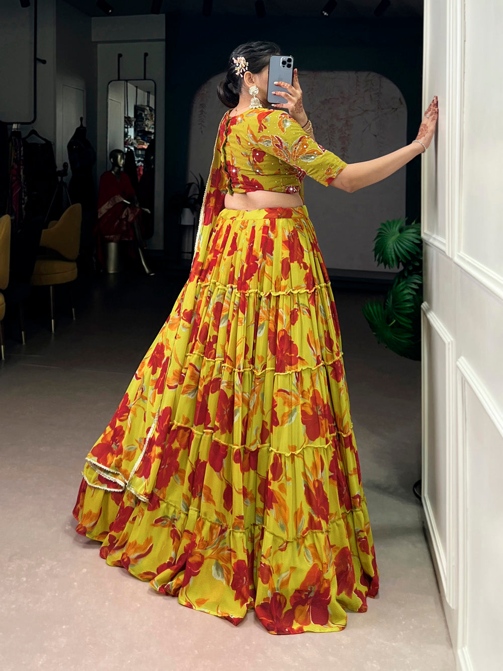 Olive yellow floral printed marble lehenga choli with lace dupatta