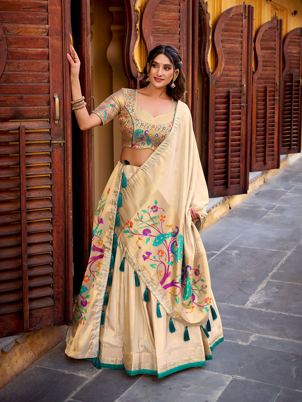 Bottle green color zari weaving work shimmer lehenga choli