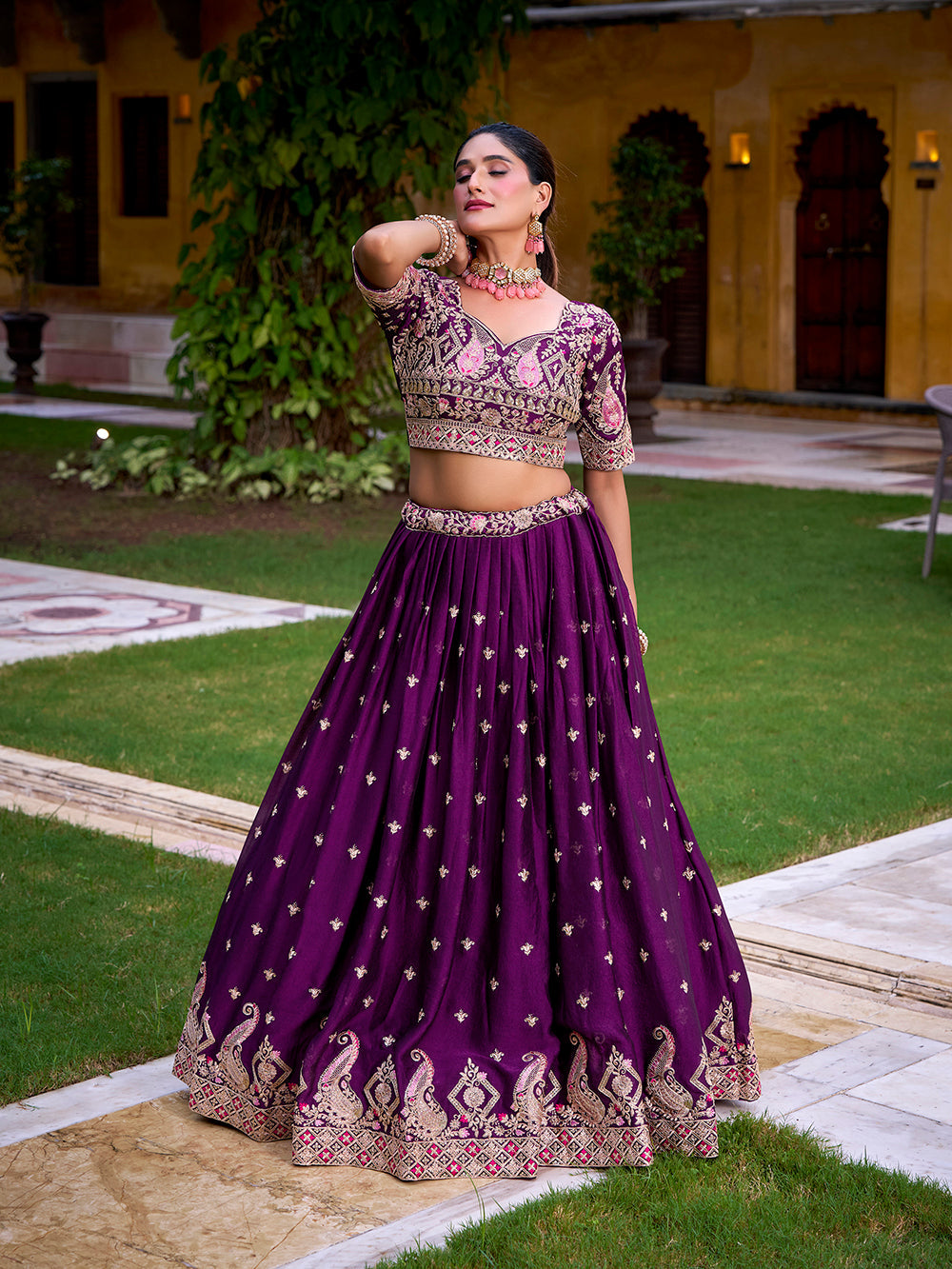 Purple rangoli crush wedding lehenga choli with sequins thread embroidery
