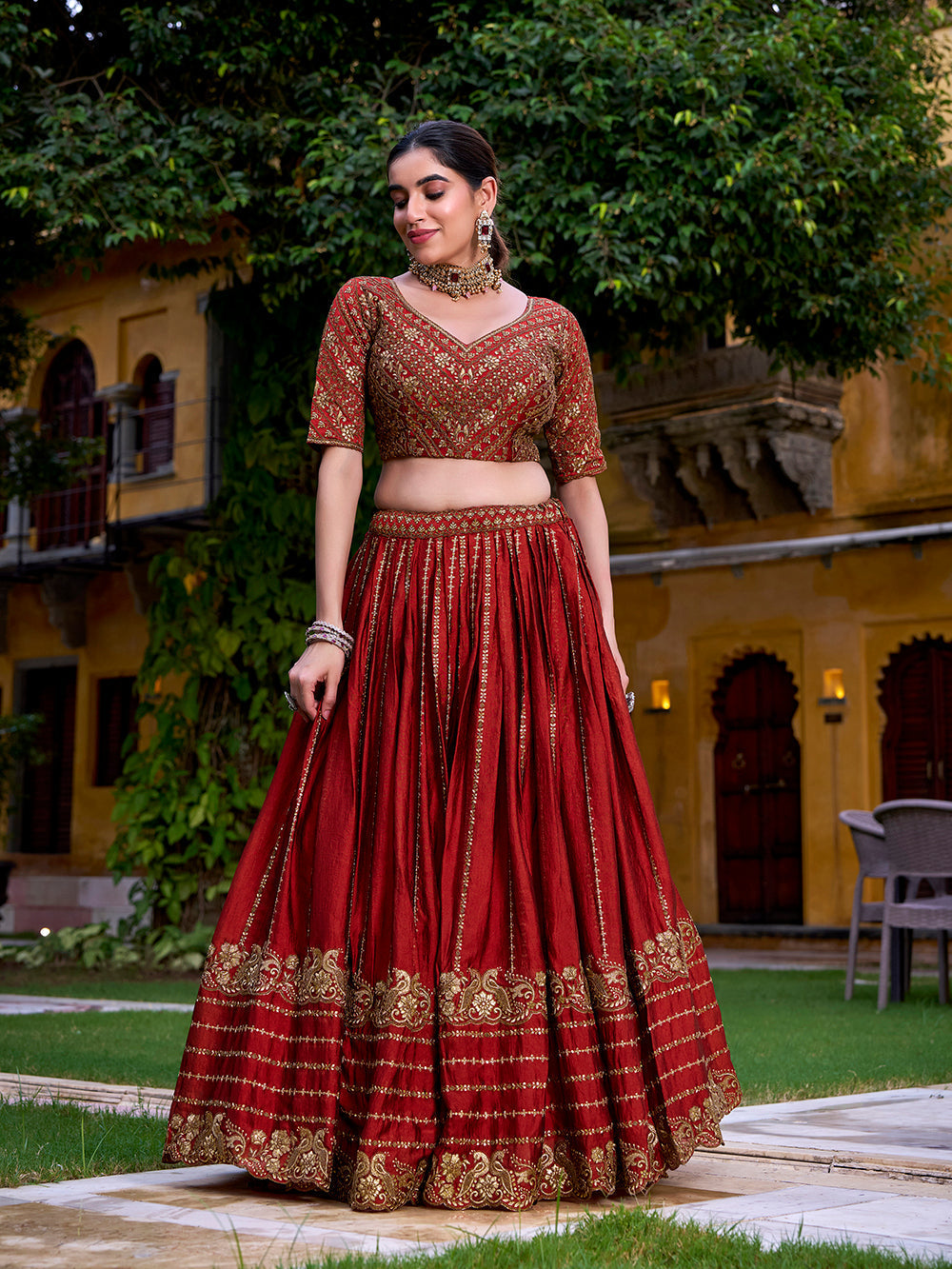 Rust orange color sequins and thread embroidery work rangoli crush lehenga choli