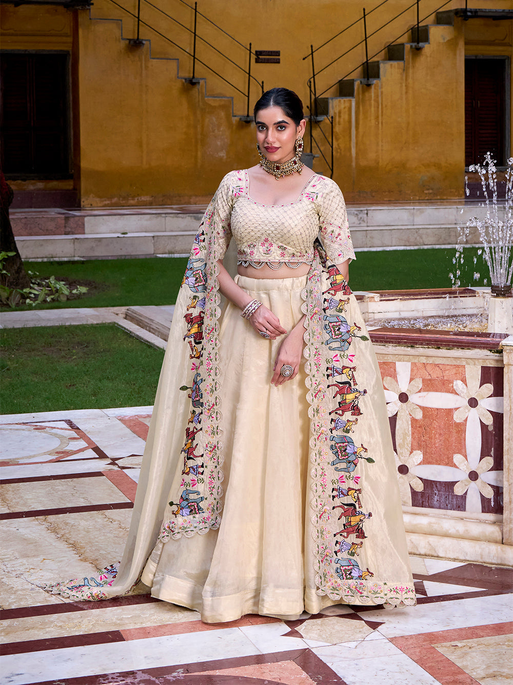 Cream raspberry lehenga choli with sequins thread embroidery 1m blouse material
