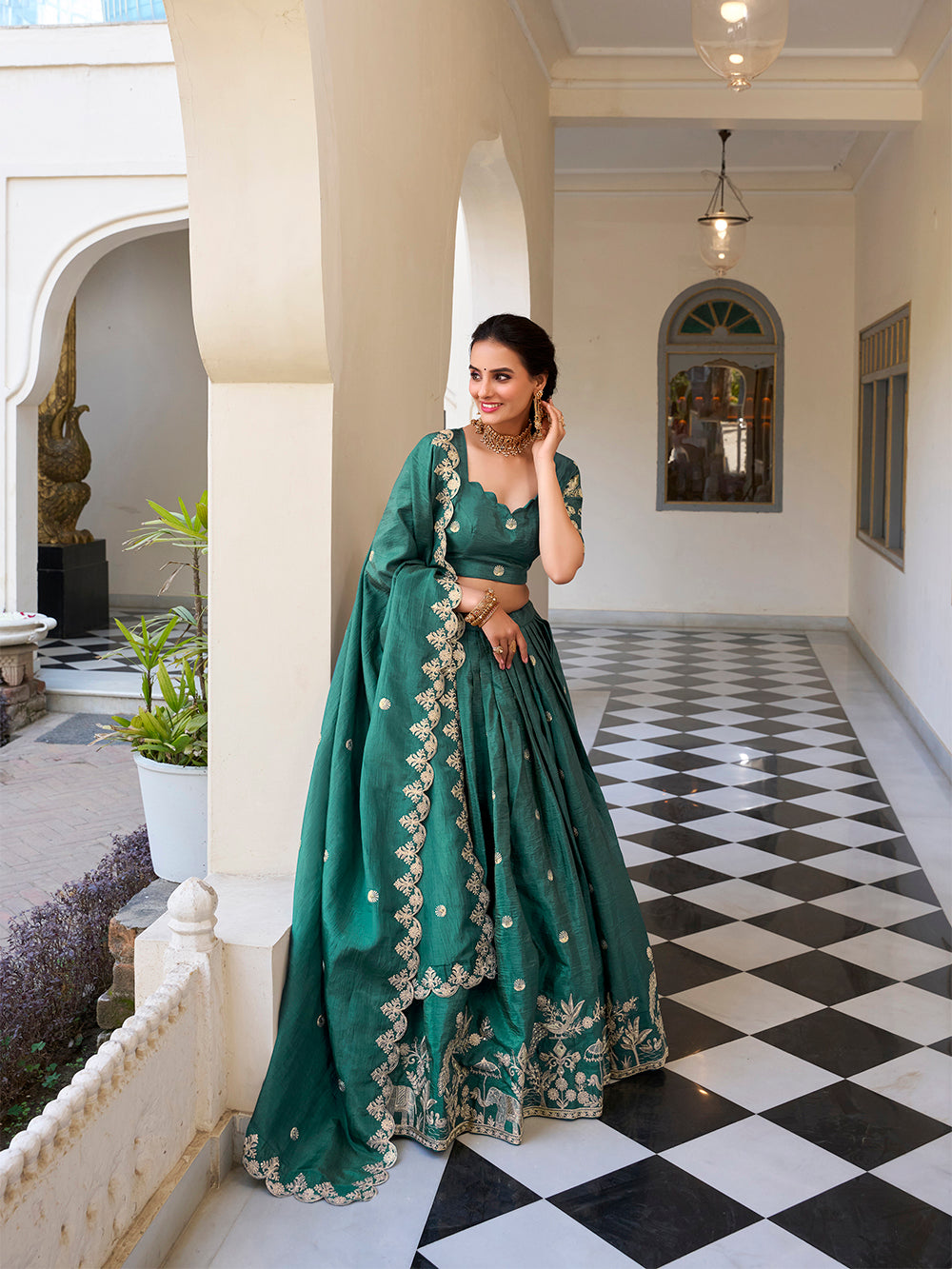 Teal gold crush lehenga choli with sequins embroidery scalloped lace dupatta