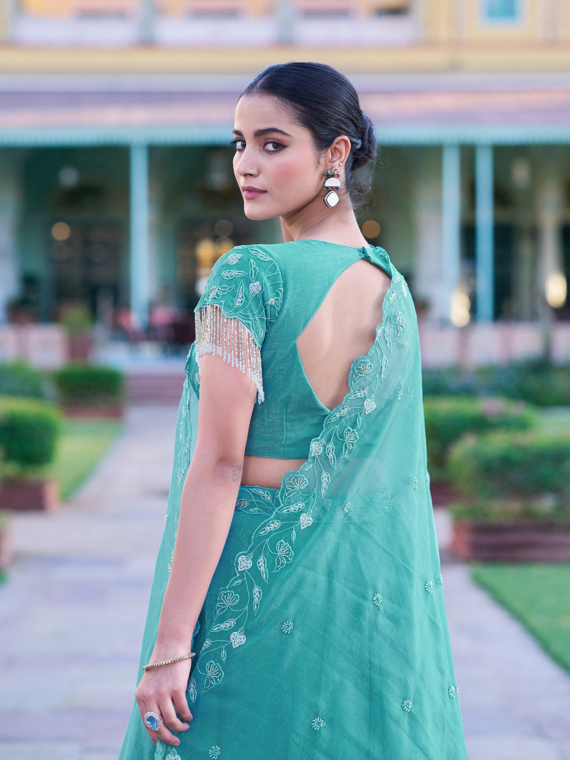 Sky blue color gold coin embroidery lehenga choli