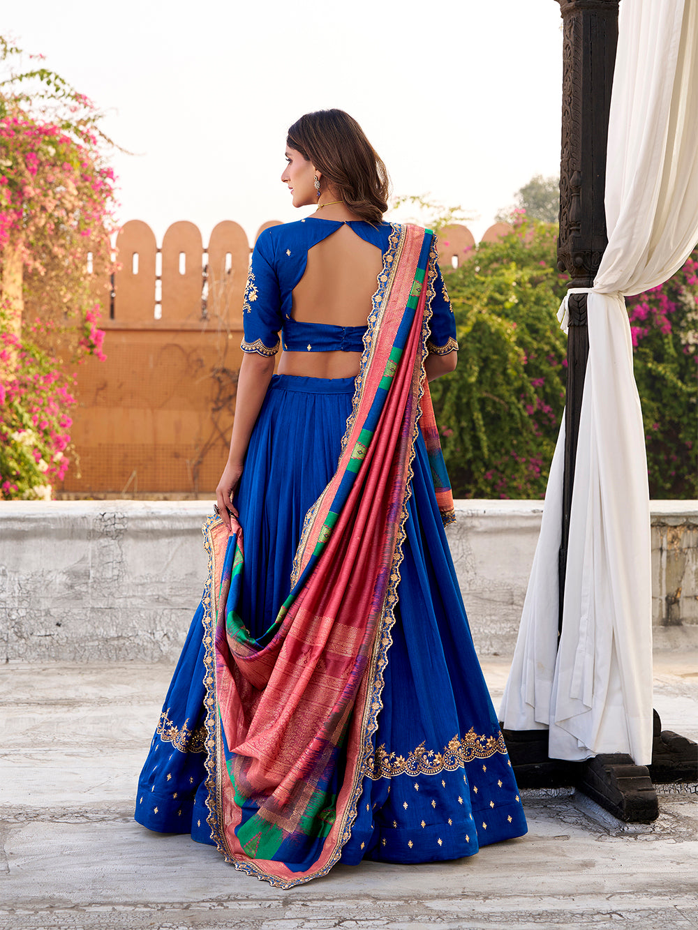 Royal blue vichitra silk lehenga choli with sequins thread embroidery