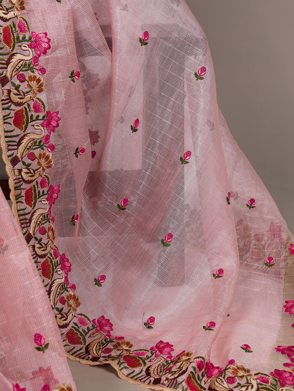 Light pink zari kota tissue saree with floral thread embroidery and banglory blouse fabric