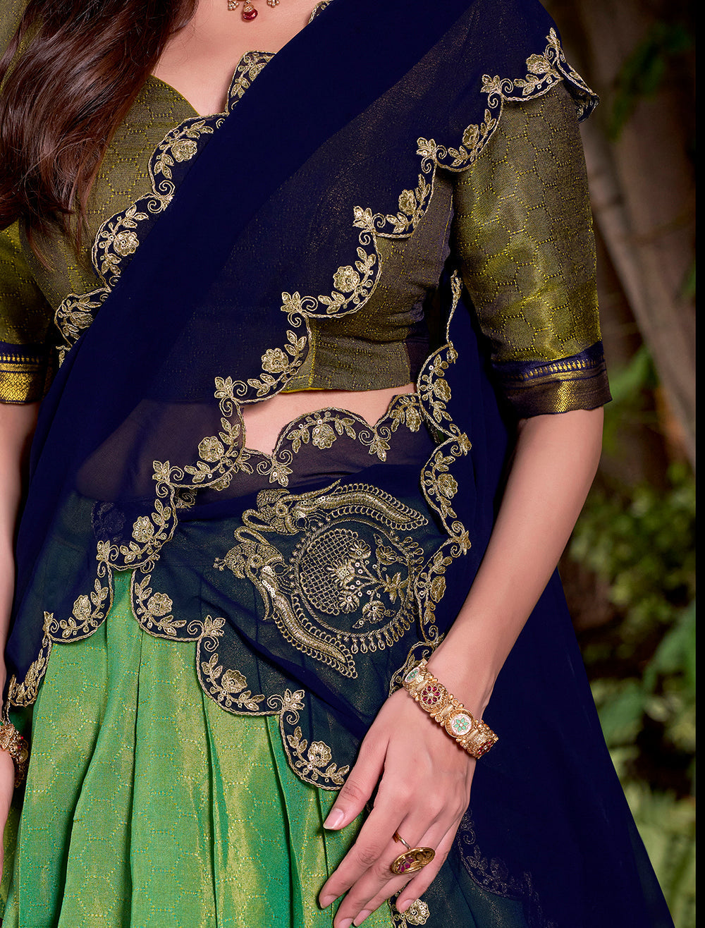 Navy blue kanchipuram lehenga choli with sequins thread embroidery zari border