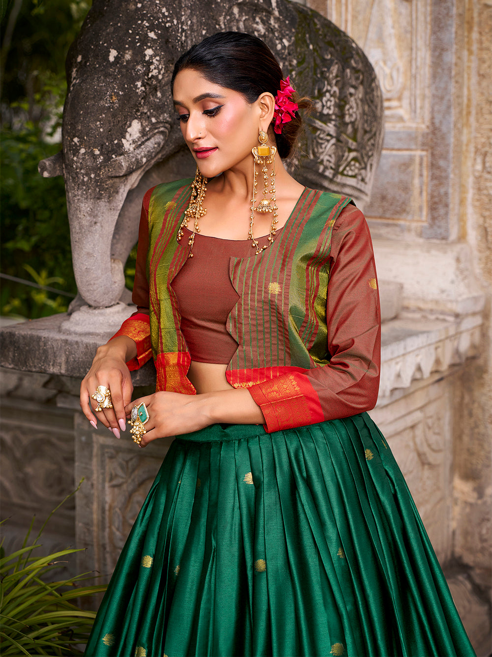 Green color zari weaving work poly cotton lehenga choli