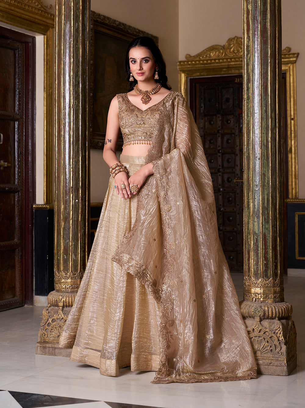 Chiku gold crush lehenga choli with sequins embroidery matching dupatta