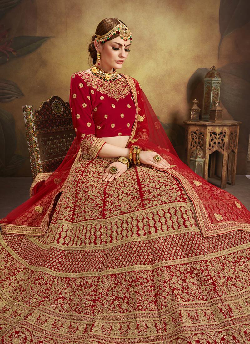 Bridesmaid Red Velvet Base Heavy Embroidered Lehenga Choli