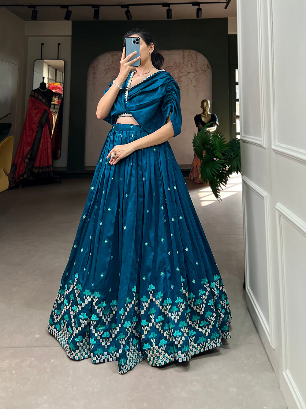 Teal Color Thread Embroidery Work Vichitra Silk Lehenga Choli