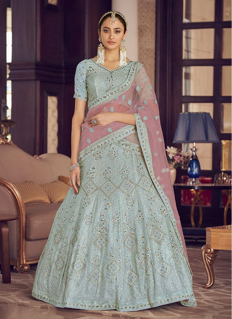 Bridesmaid Turquoise Kalidar Lehenga Choli With Contrast Dupatta