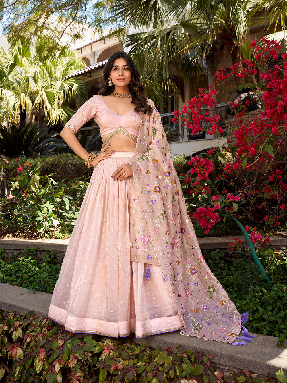 Gold crush stitched lehenga choli with all over butti embroidery tassel dupatta