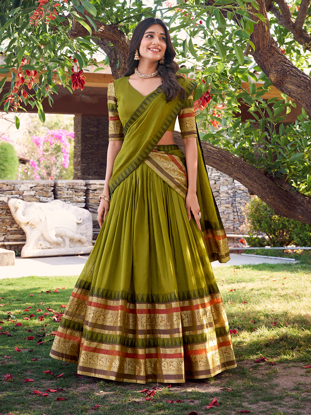 Mehandi green chanderi lehenga choli with zari border matching dupatta