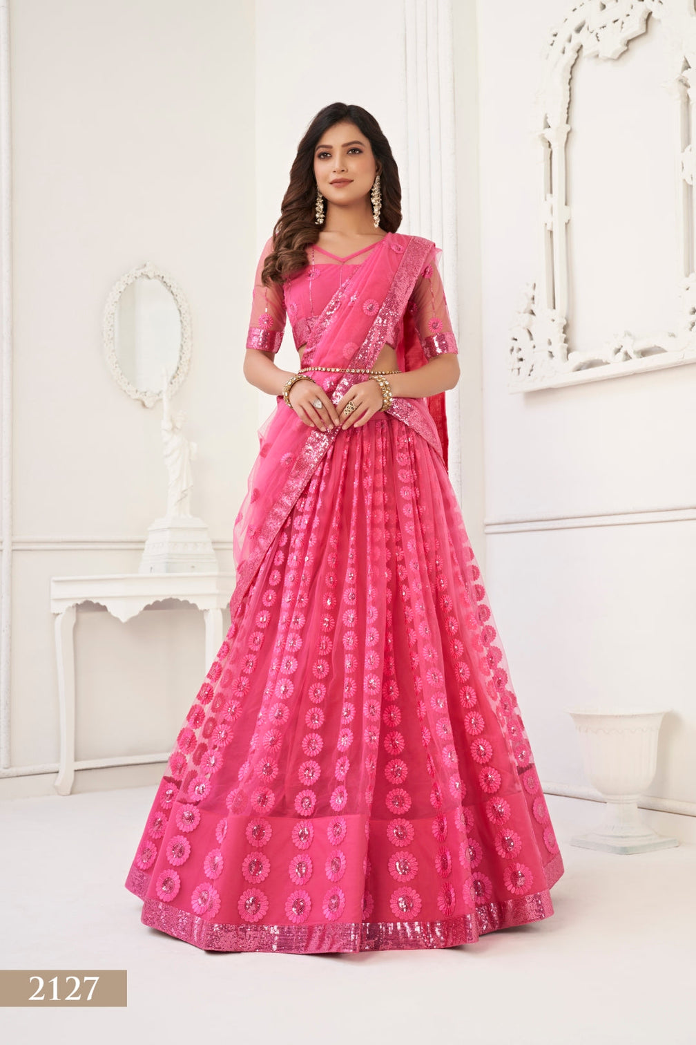 Bright Pink Elegant Butterfly Net Lehenga Set with Intricate Tone-to-Tone Embroidery