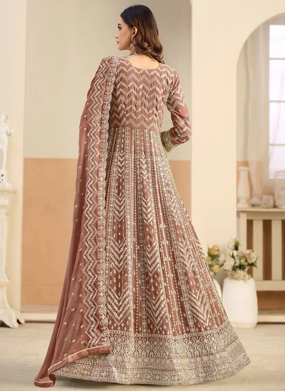 Brown faux georgette floor length anarkali suit with heavy embroidery work