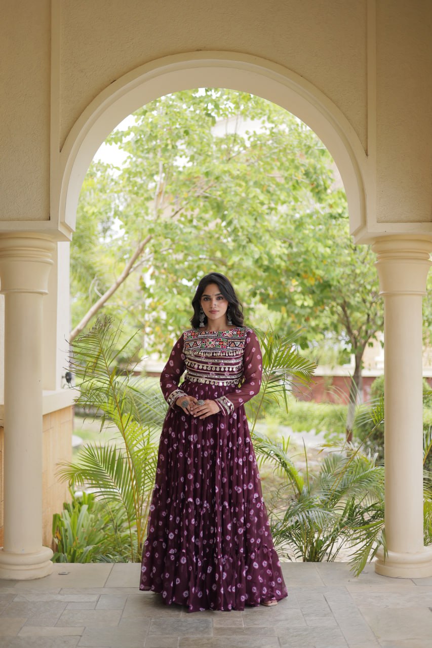 Brown Bandhani Print Gown