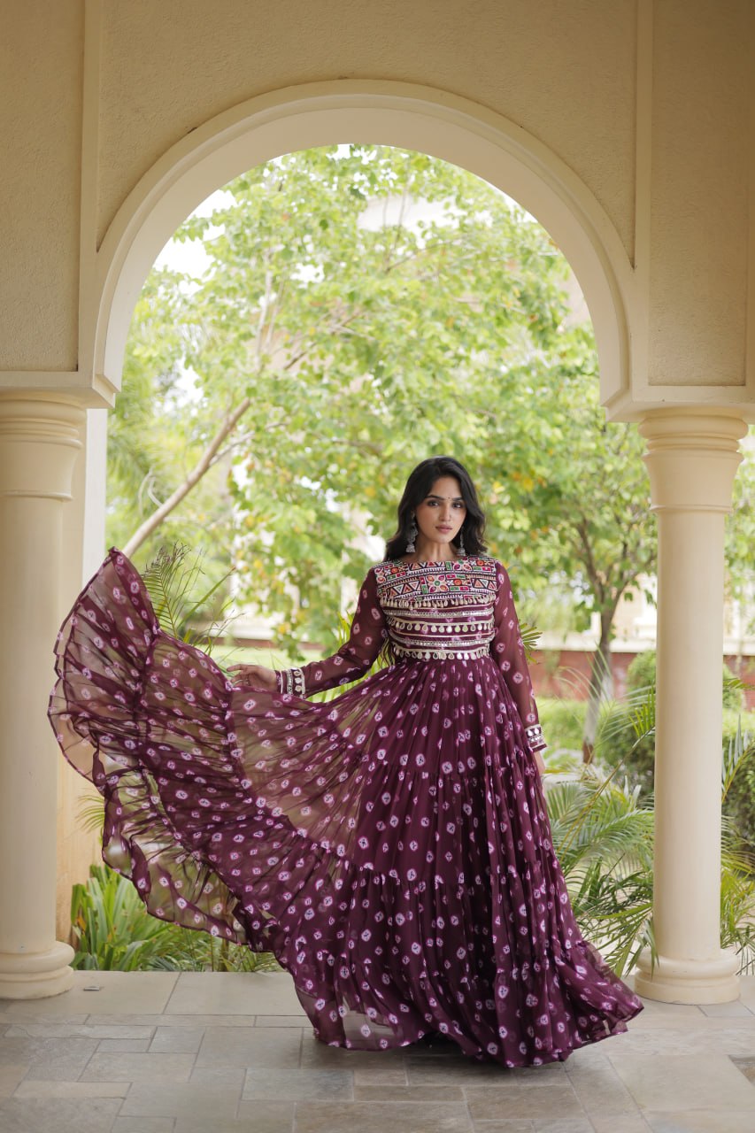 Brown Bandhani Print Gown