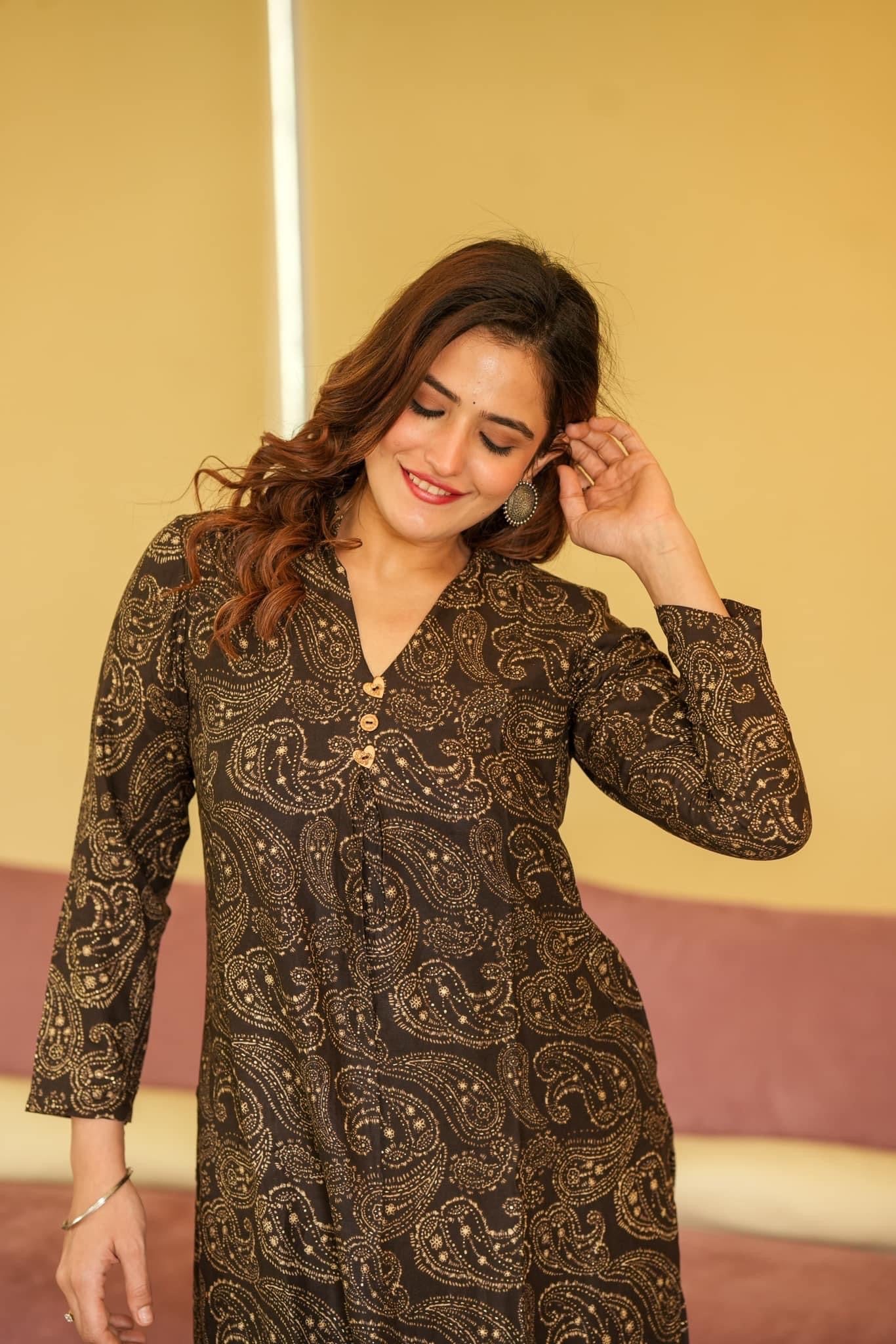 Brown Black Maslin Kurta Palazzo Set with Heavy Digital Print
