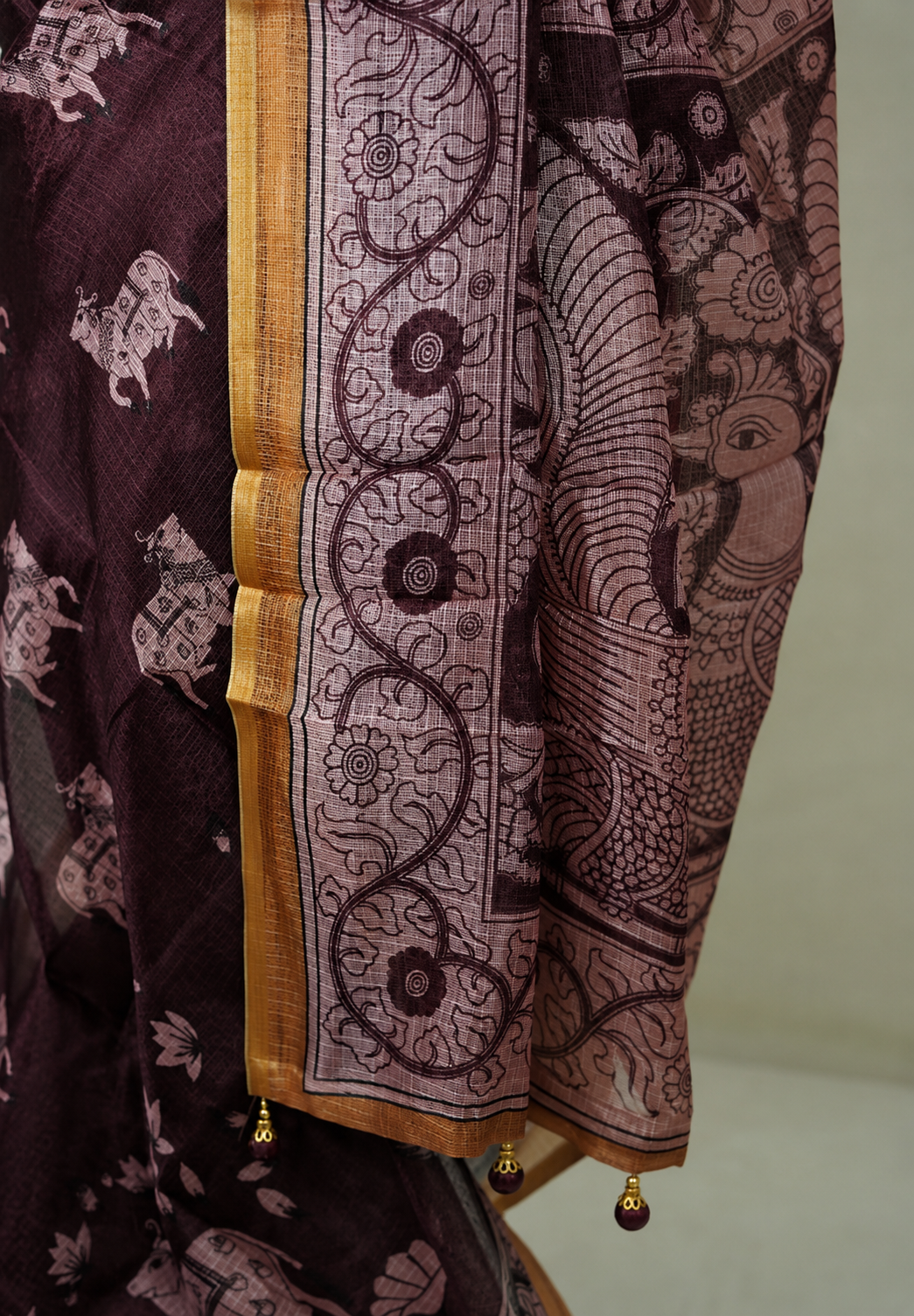Brown Chanderi Saree with Kalamkari Floral Print & Blouse