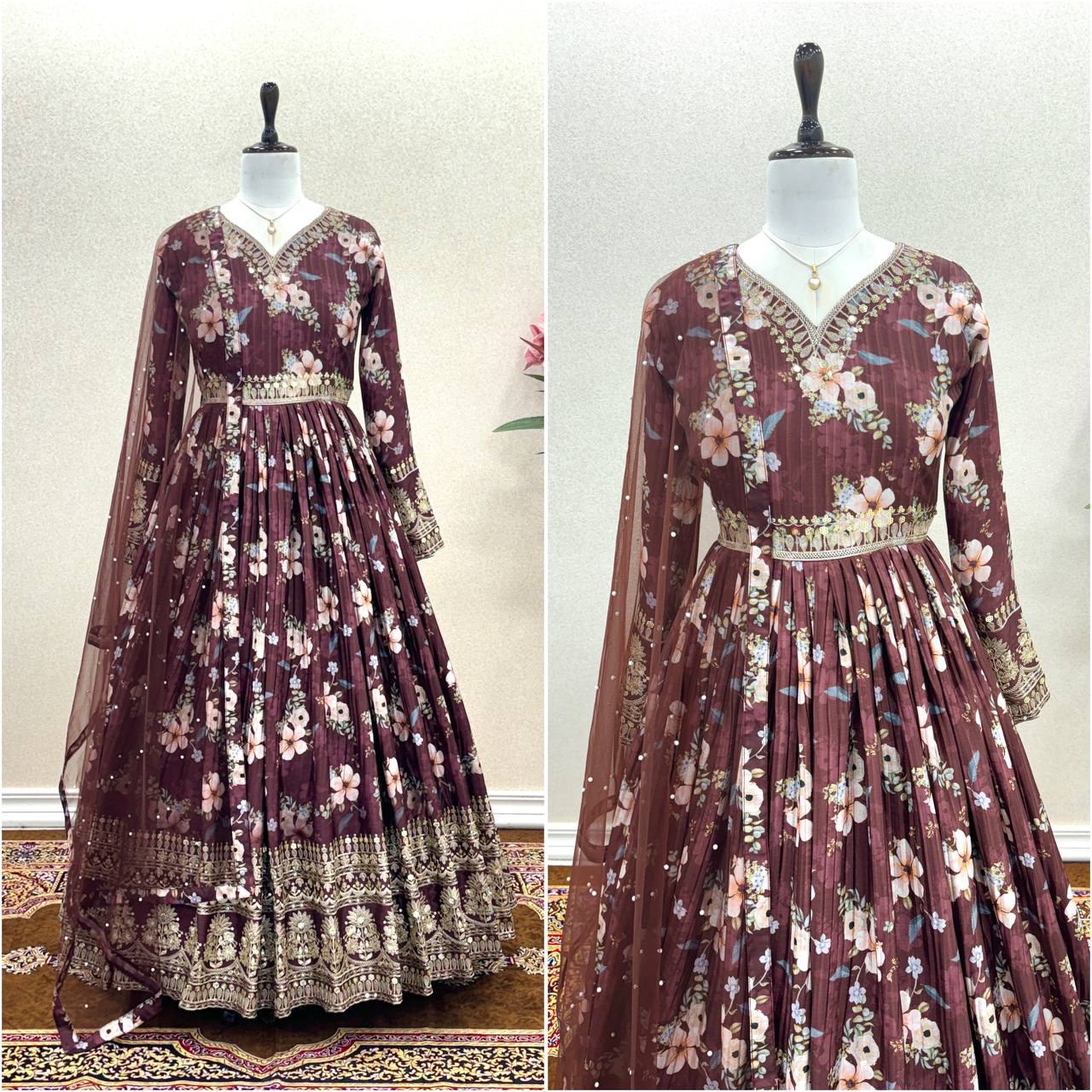 Brown Color Designer Party Wear Pure Chinon Silk Top, Palazzo & Dupatta Set