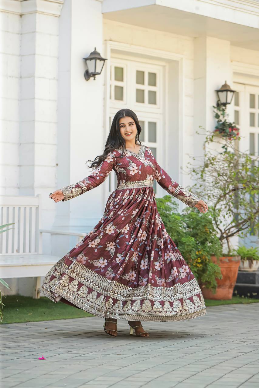 Brown Color Designer Party Wear Pure Chinon Silk Top, Palazzo & Dupatta Set