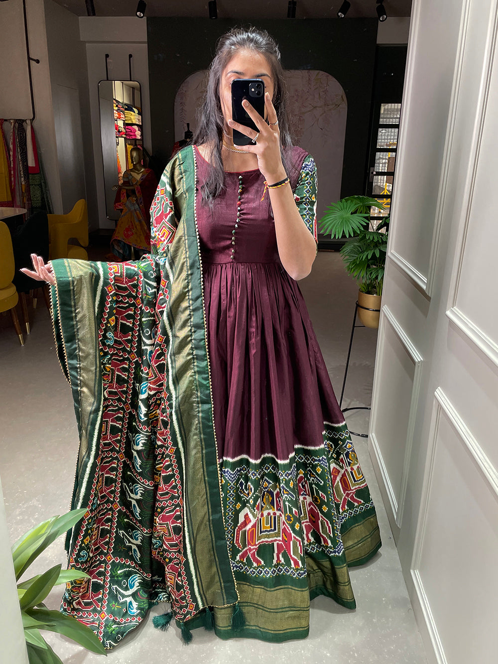 Brown Color Patola And Foil Printed Dola Silk Gown