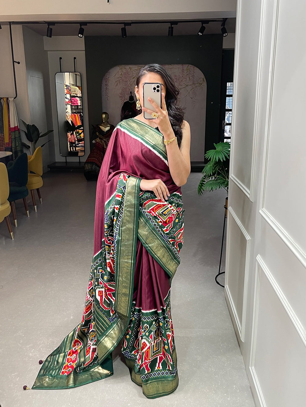 Brown Color Dola Silk Patola Saree with Shimmering Foil Work
