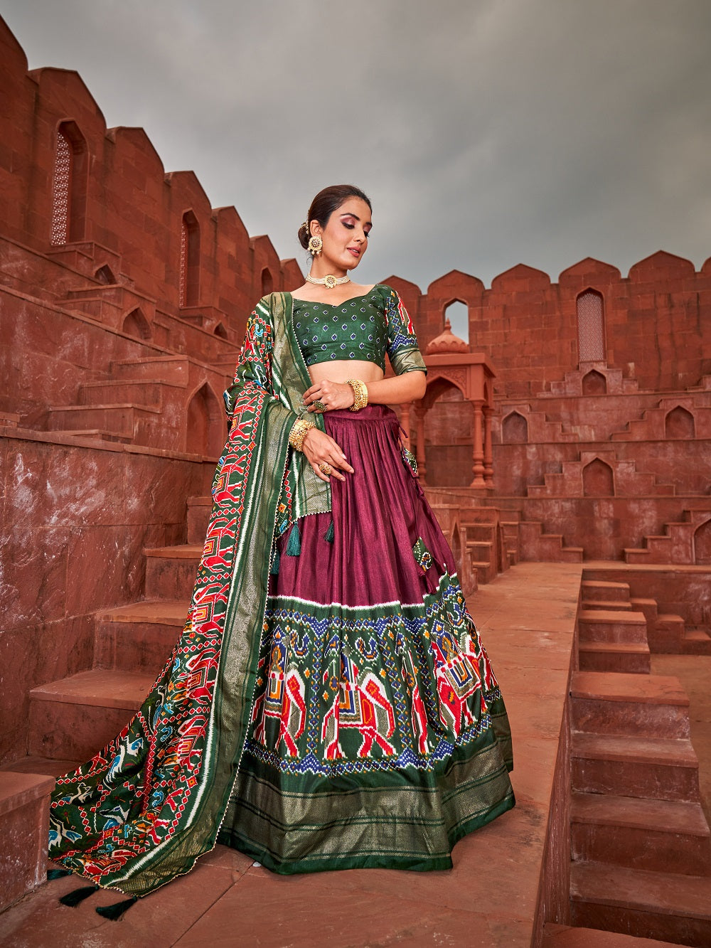 Brown Color Haydrabadi Patola Printed Dola Silk Lehenga Choli