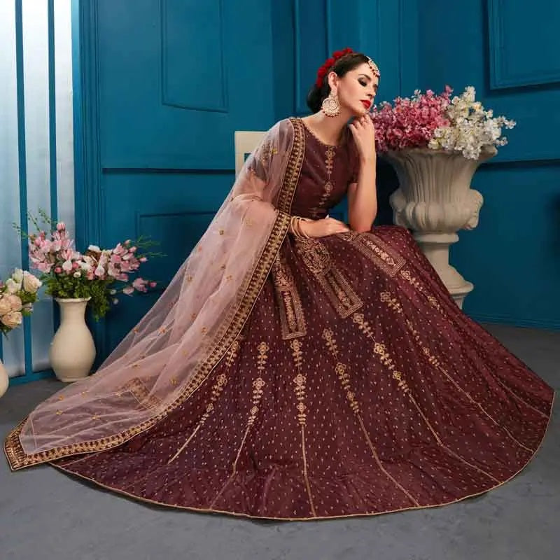 Brown color satin embroidery lehenga choli