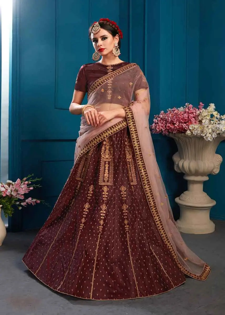 Brown color satin embroidery lehenga choli