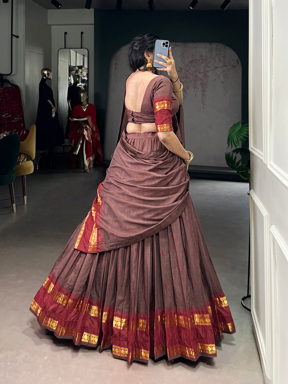 Brown chanderi lehenga choli with zari weaving border 4 meter flair