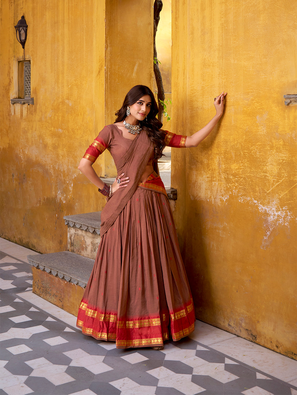 Brown color zari weaving work chanderi lehenga choli