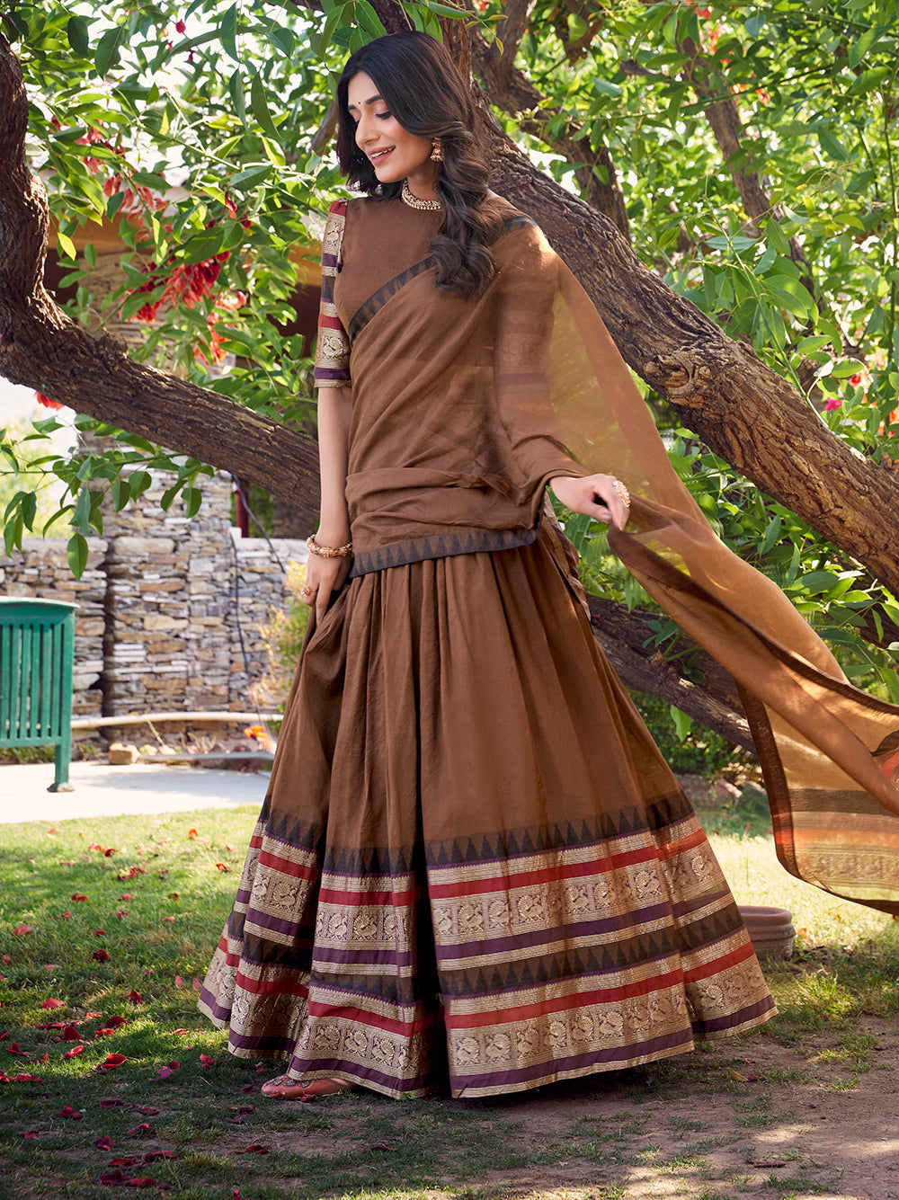 Classic brown chanderi lehenga choli with zari border coordinated dupatta