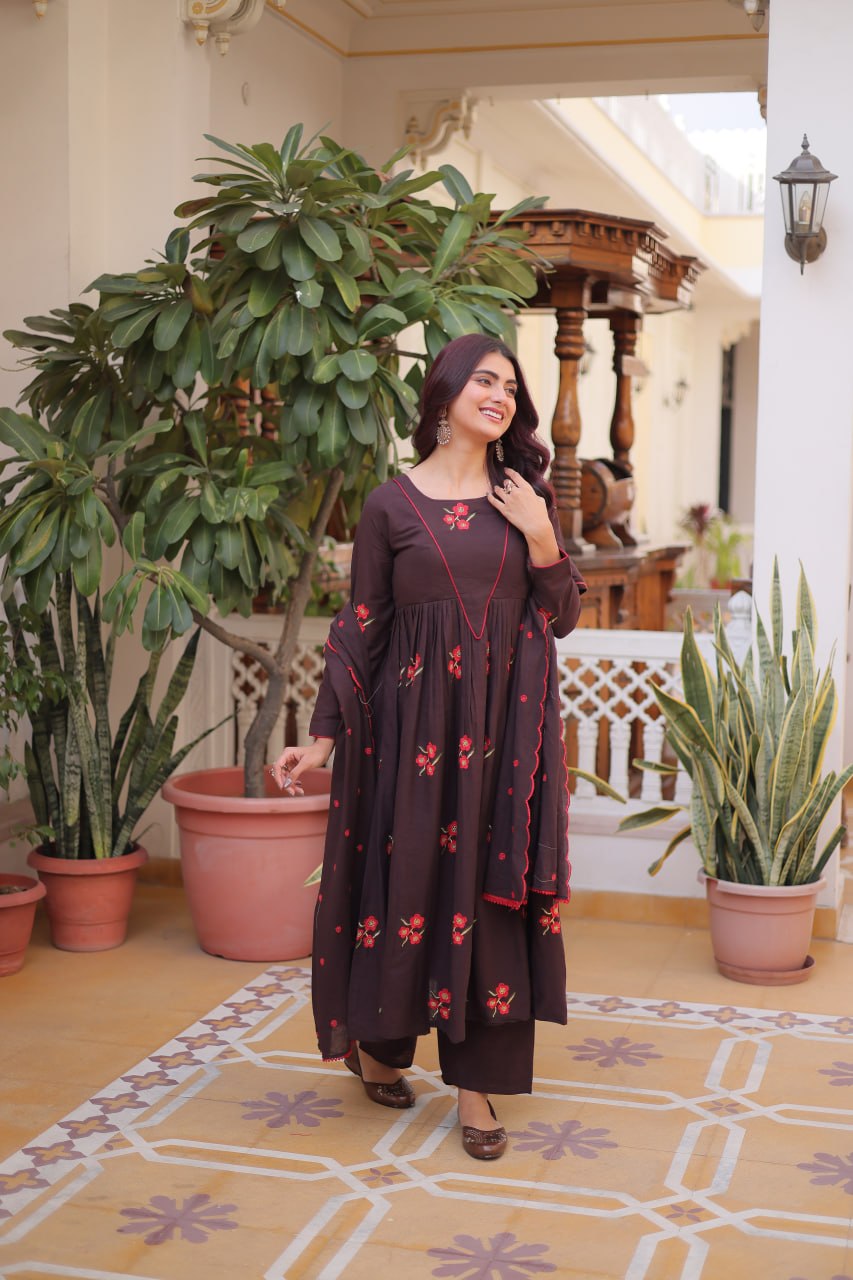 Brown Cotton Embroidered Kurti Pant Set