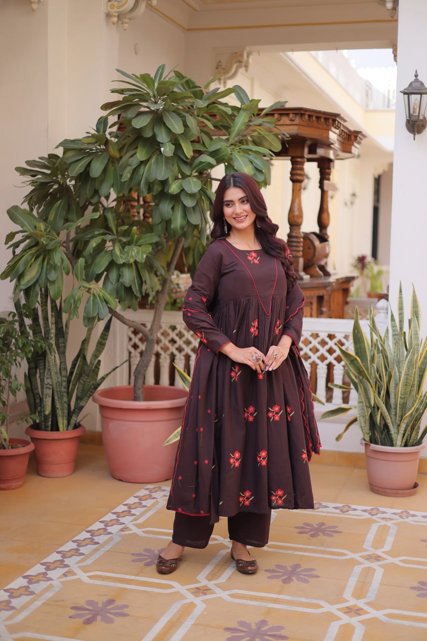 Brown Cotton Embroidered Kurti Pant Set