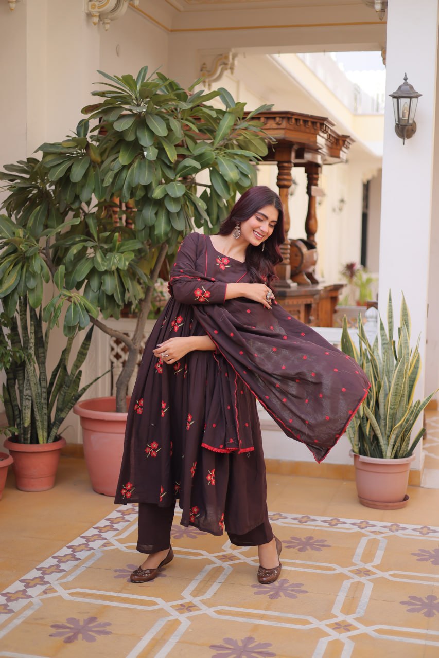 Brown Cotton Embroidered Kurti Pant Set