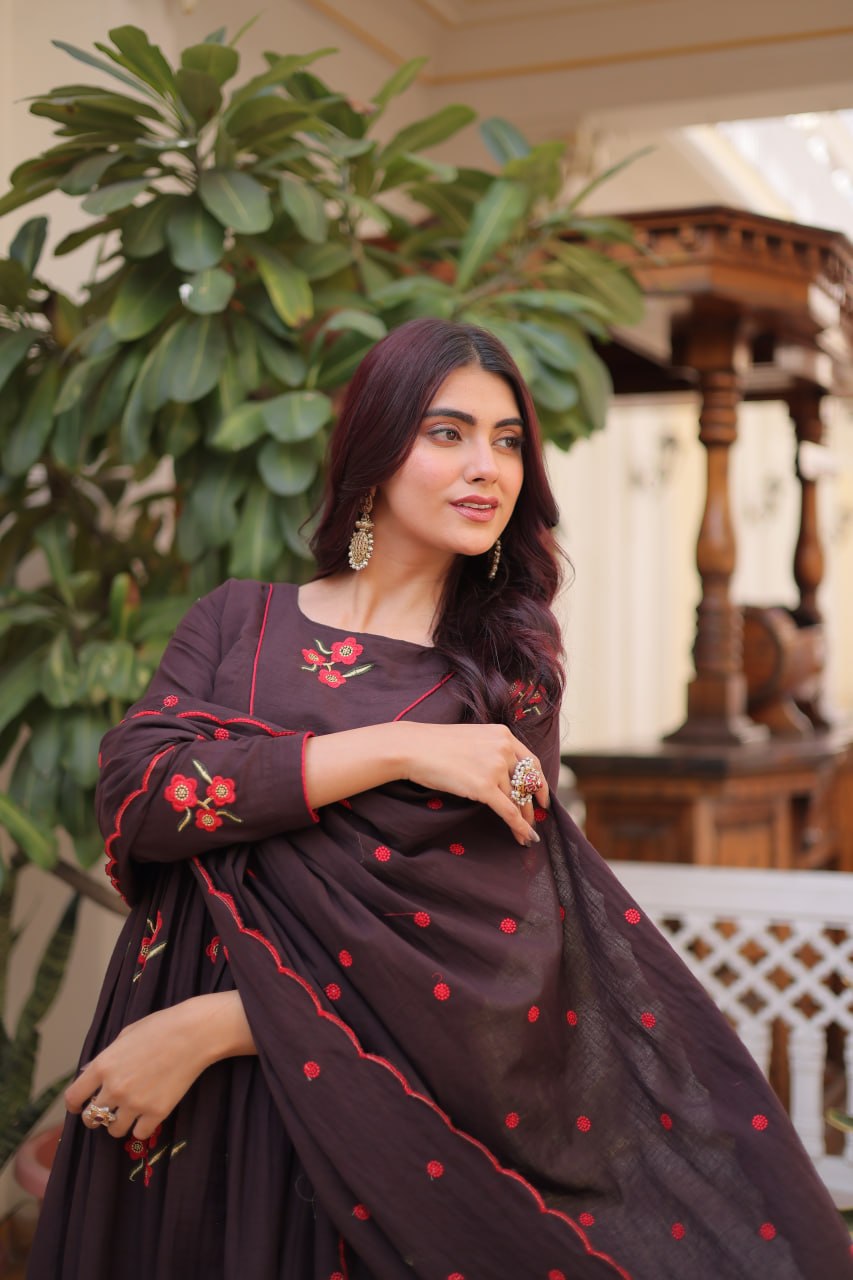 Brown Cotton Embroidered Kurti Pant Set