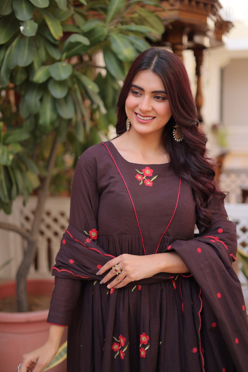 Brown Cotton Embroidered Kurti Pant Set