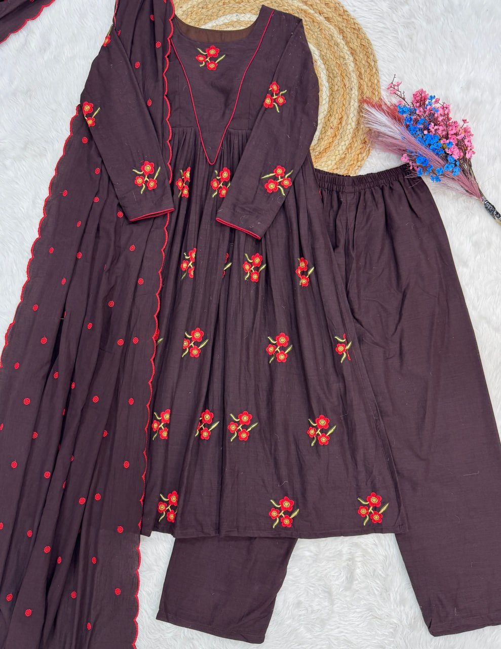 Brown Cotton Embroidered Kurti Pant Set
