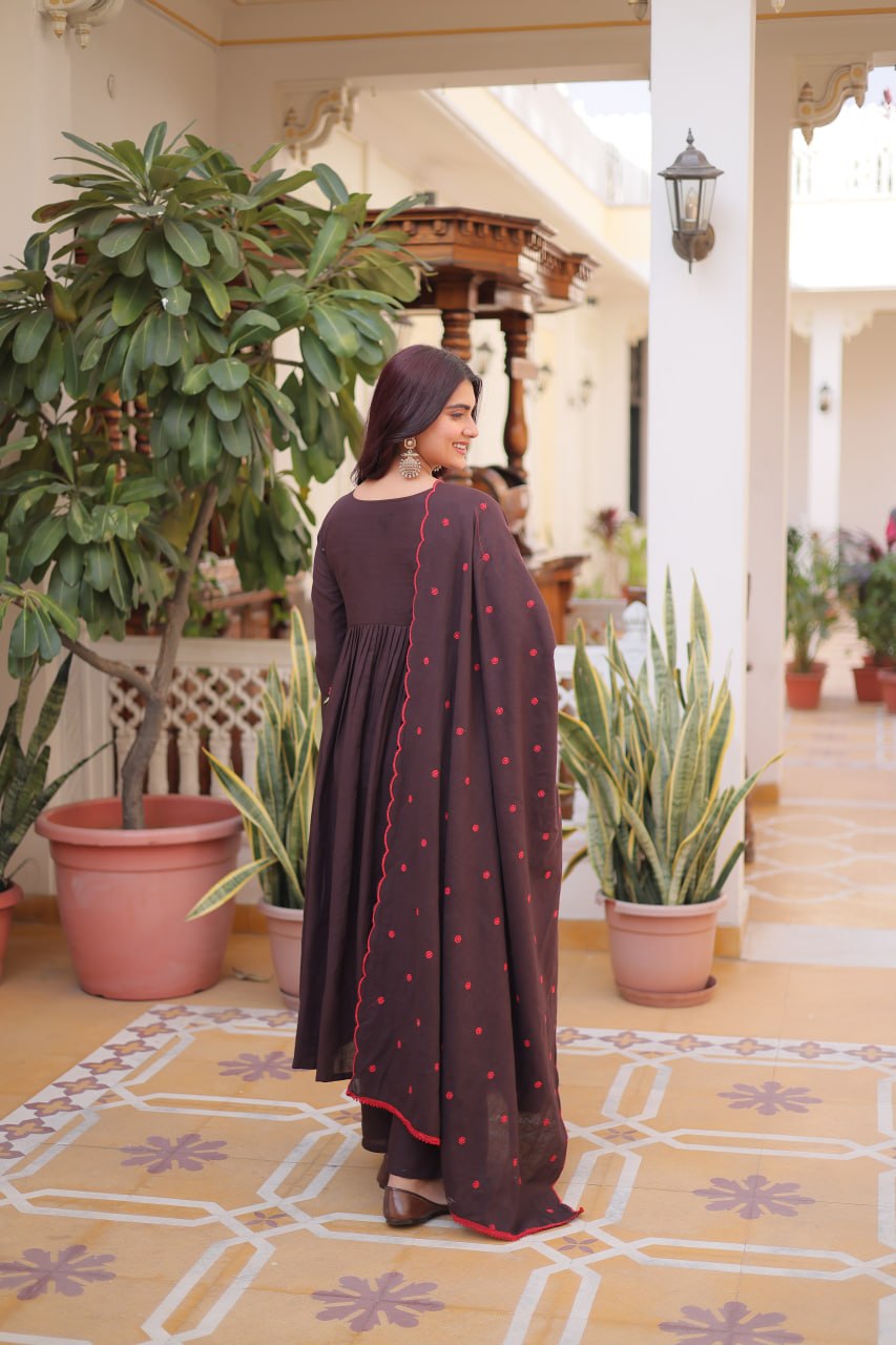 Brown Cotton Embroidered Kurti Pant Set