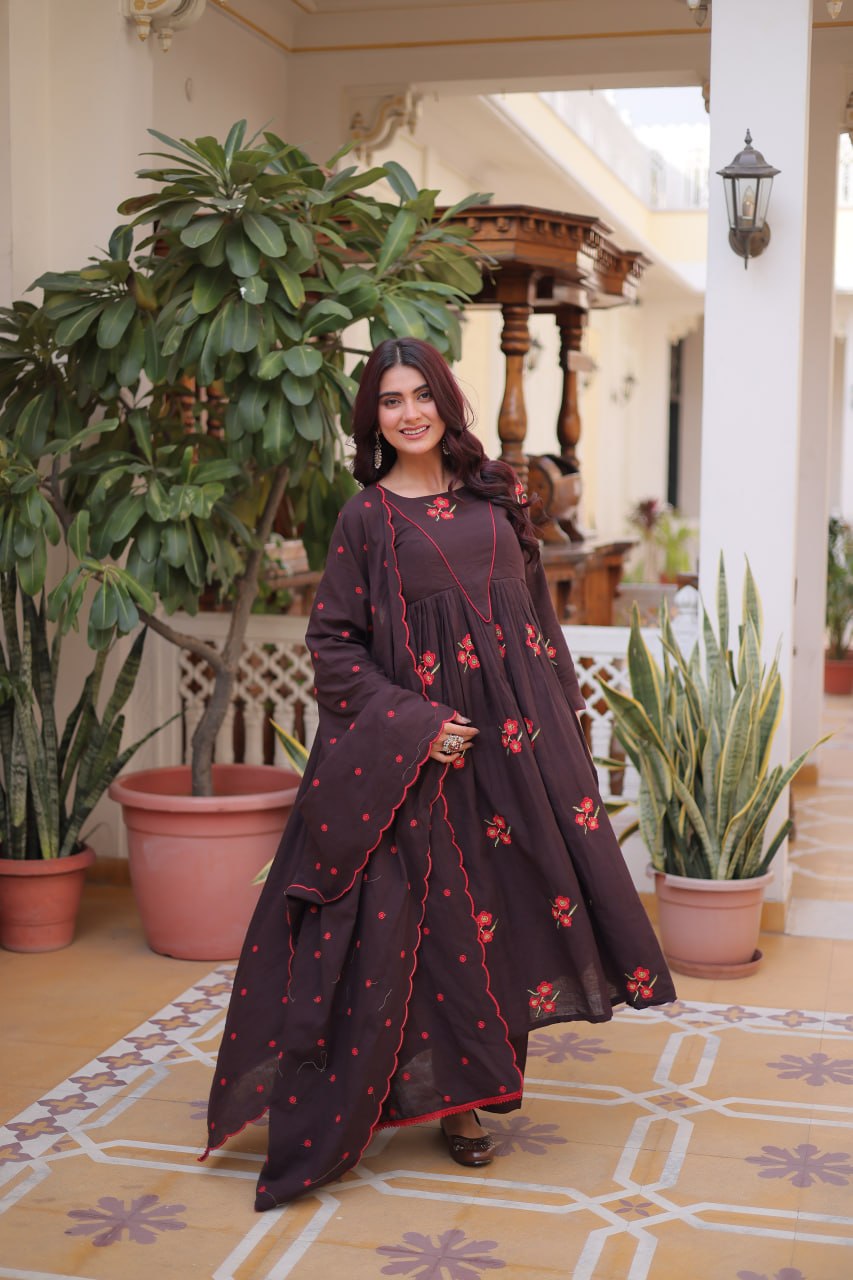 Brown Cotton Embroidered Kurti Pant Set