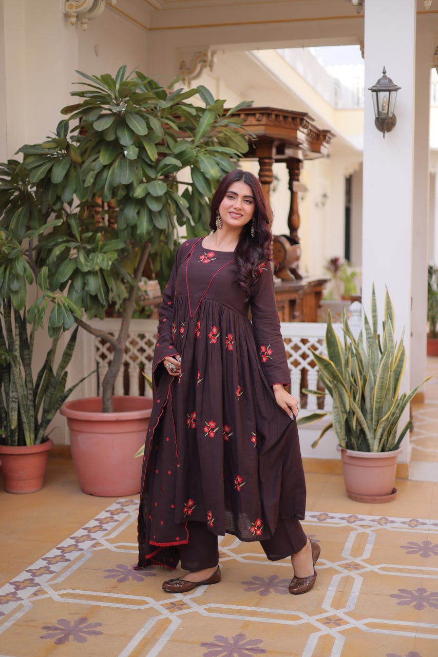 Brown Cotton Embroidered Kurti Pant Set