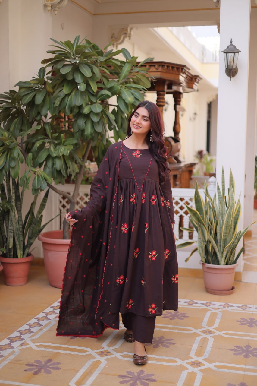 Brown Cotton Embroidered Kurti Pant Set