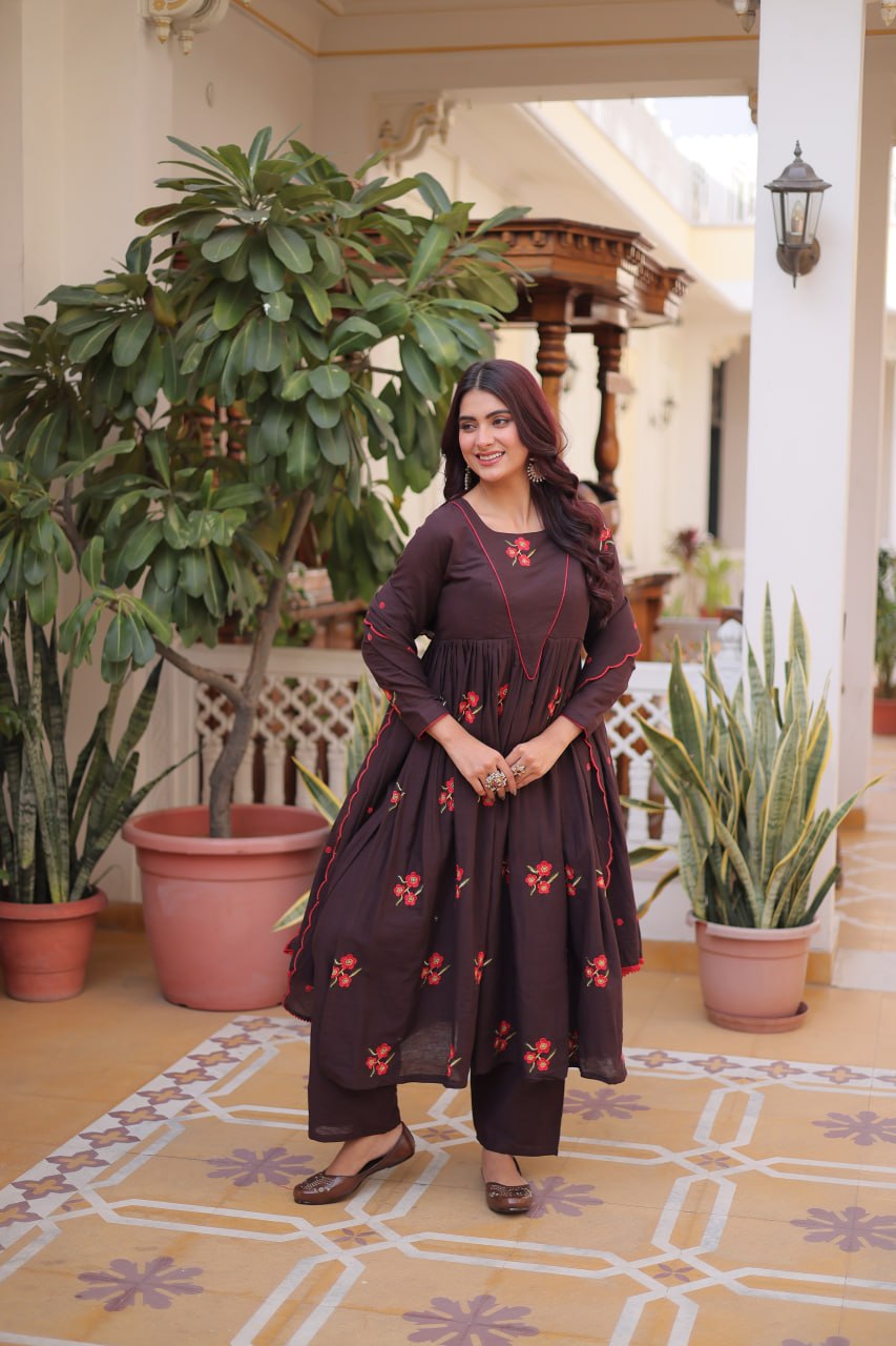 Brown Cotton Embroidered Kurti Pant Set