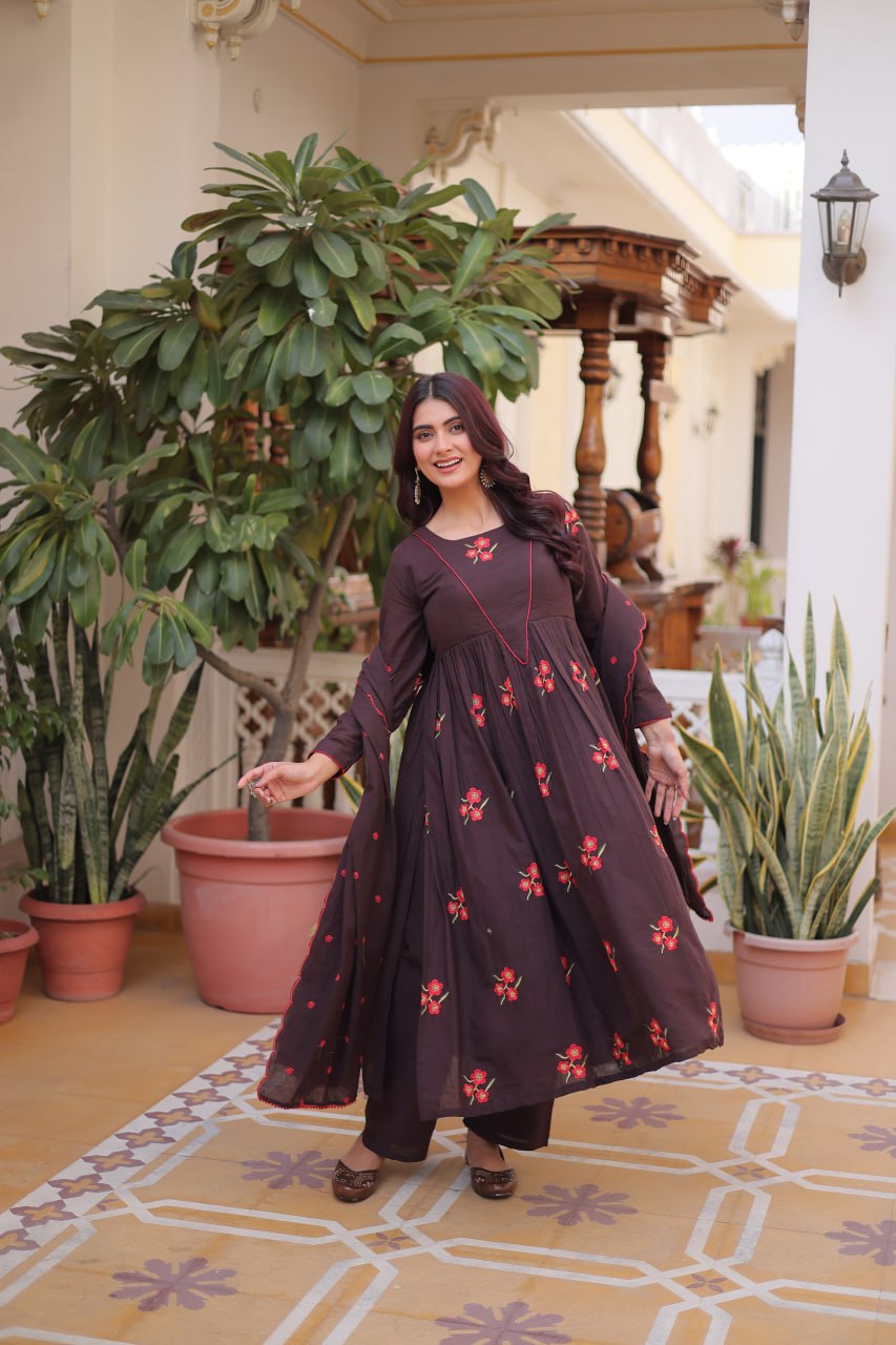 Brown Cotton Embroidered Kurti Pant Set