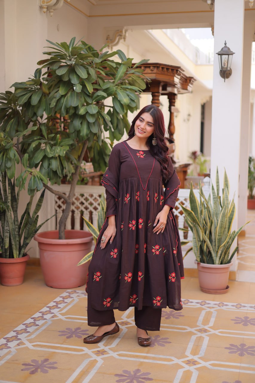 Brown Cotton Embroidered Kurti Pant Set