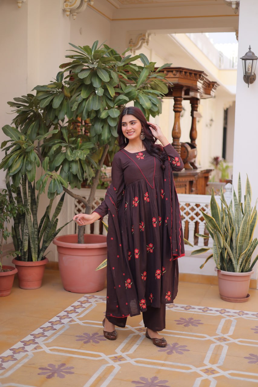 Brown Cotton Embroidered Kurti Pant Set