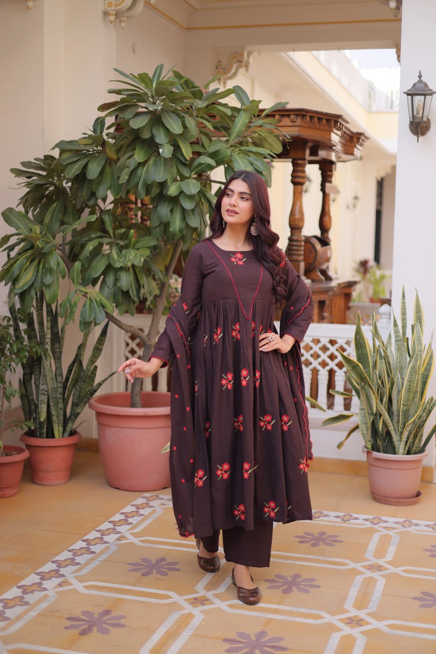 Brown Cotton Embroidered Kurti Pant Set