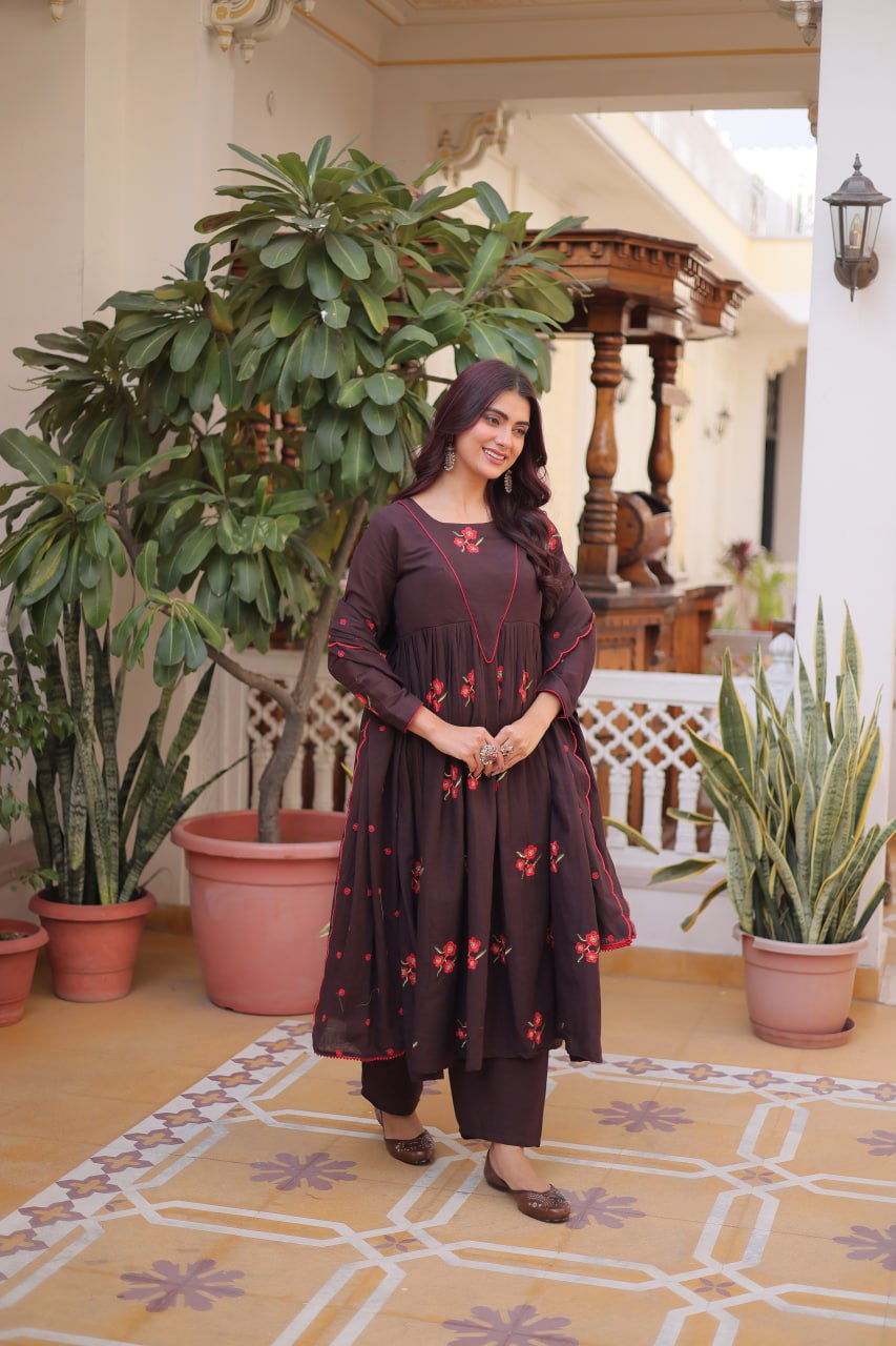 Brown Cotton Embroidered Kurti Pant Set