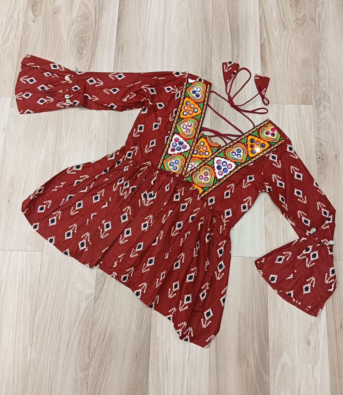 Brown Cotton Printed Top with Kutchi Patchwork & Dori Closure – Stitched